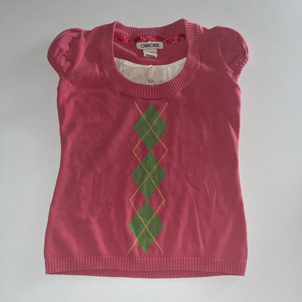 Vintage Y2K Little Girls 6/6x Pink & Green Argyle Short Sleeve Top (0816)